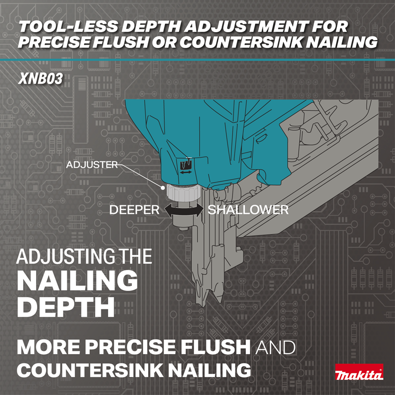 Makita XNB03M1 18V LXT Brushless 21-Degree Full Round Head Framing Nailer feature depth adjust