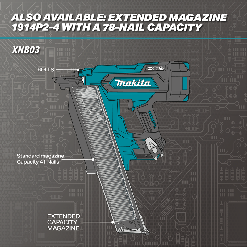 Makita XNB03M1 18V LXT Brushless 21-Degree Full Round Head Framing Nailer feature extended mag available