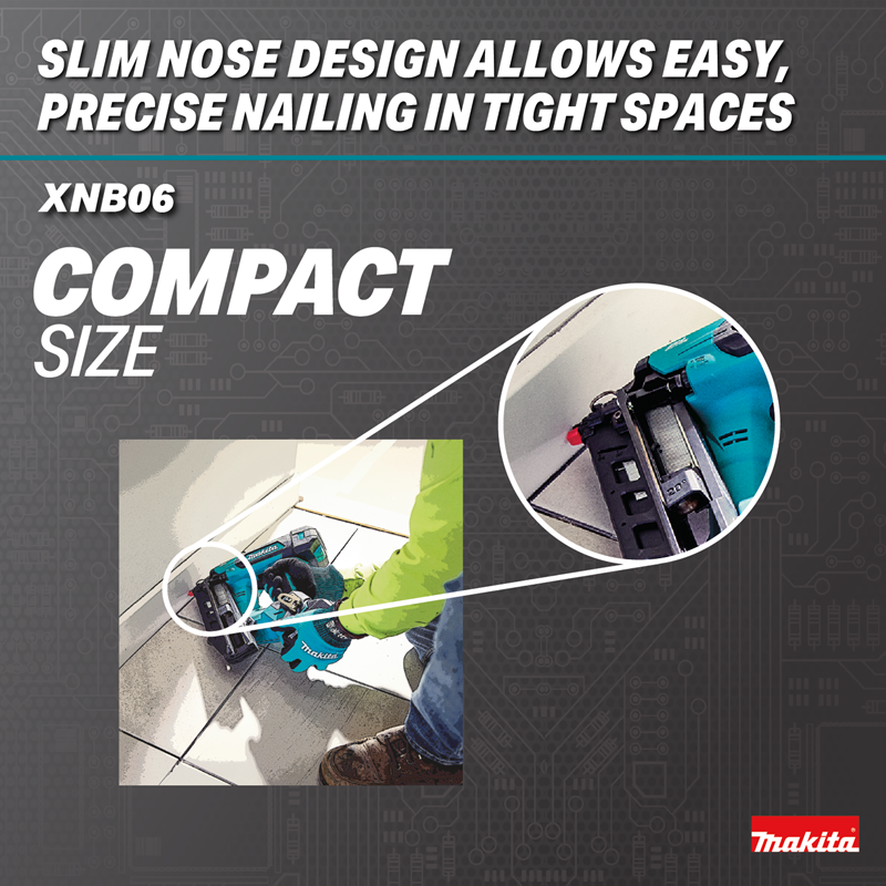 Makita XNB06Z 18V LXT Brush1less 16 Gauge Angled Finish Nailer (Bare Tool), 1-1/4" to 2-1/2" slim nose compact size
