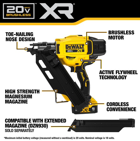Dewalt DCN930B 20V MAX Cordless 30-Degree Framing Nailer (Bare Tool), 2" to 3-1/2" chart