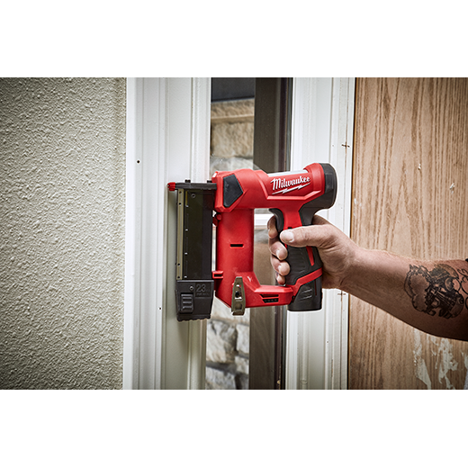 Milwaukee 2540-21 M12 23 Gauge Pin Nailer Kit, 1/2" to 1-3/8" in use