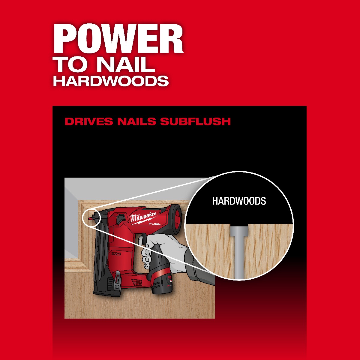 Milwaukee 2541-20 M12 18Ga Brad Nailer driives nails subflush