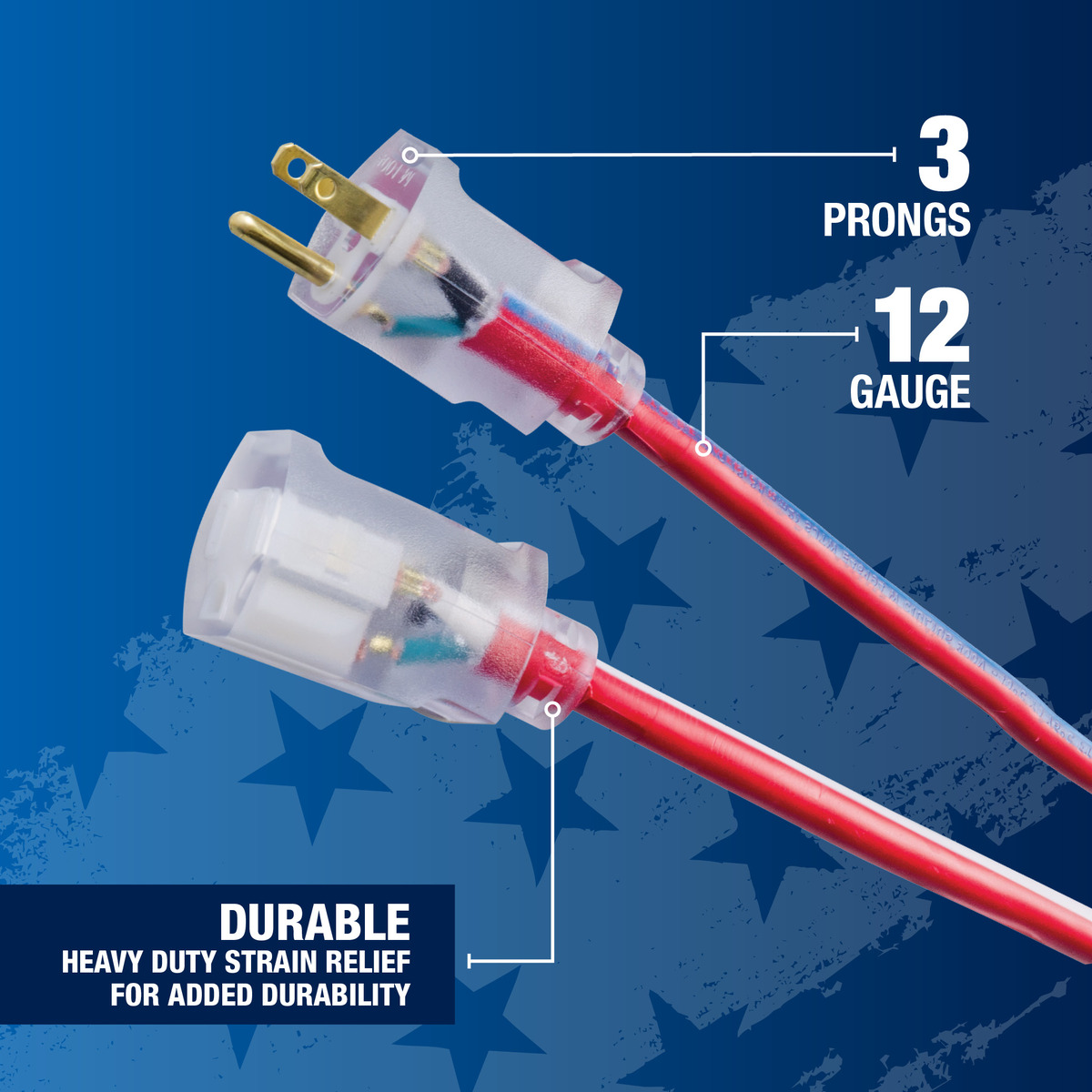 Southwire 2549SWUSA1100ft Red White & Blue Extension Cords with Lighted End prongs