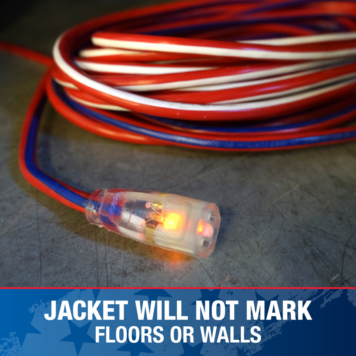 Suothwire 2548SWUSA1 12/3 Red White & Blue Extension Cords with Lighted End clear mold