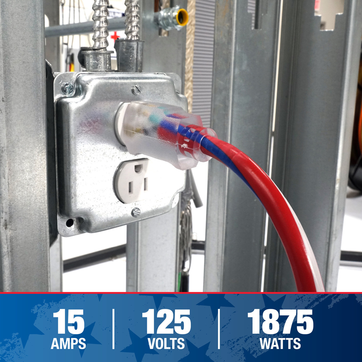 Suothwire 2548SWUSA1 12/3 Red White & Blue Extension Cords with Lighted End specs