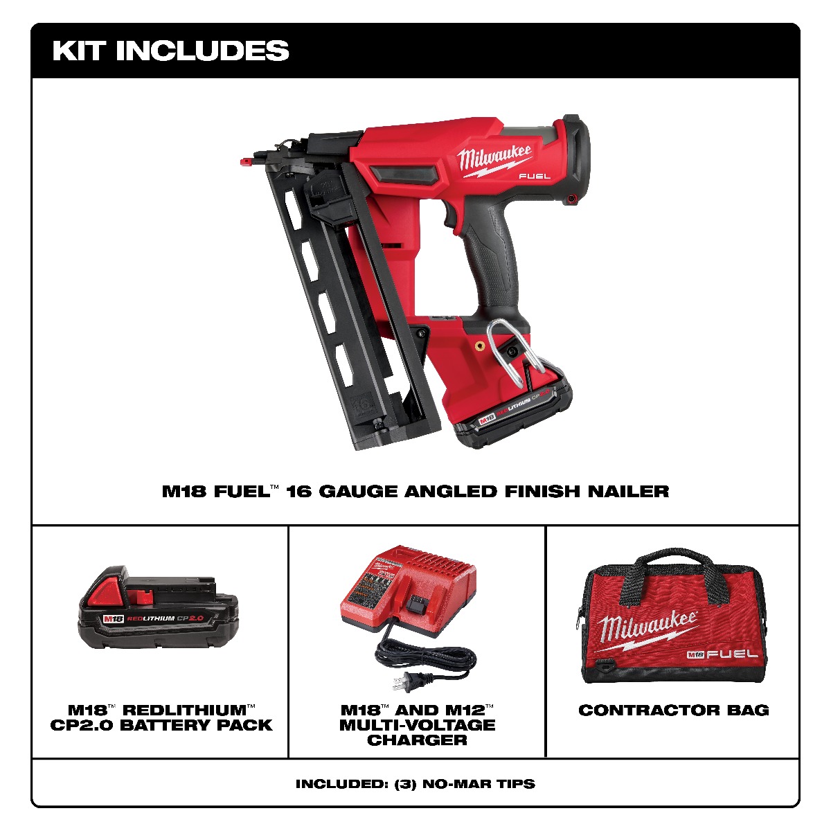 Milwaukee 2841-21CT M18 Fuel 16 Gauge Angled Finish Nailer Kit, 3/4" to 2-1/2" kit items