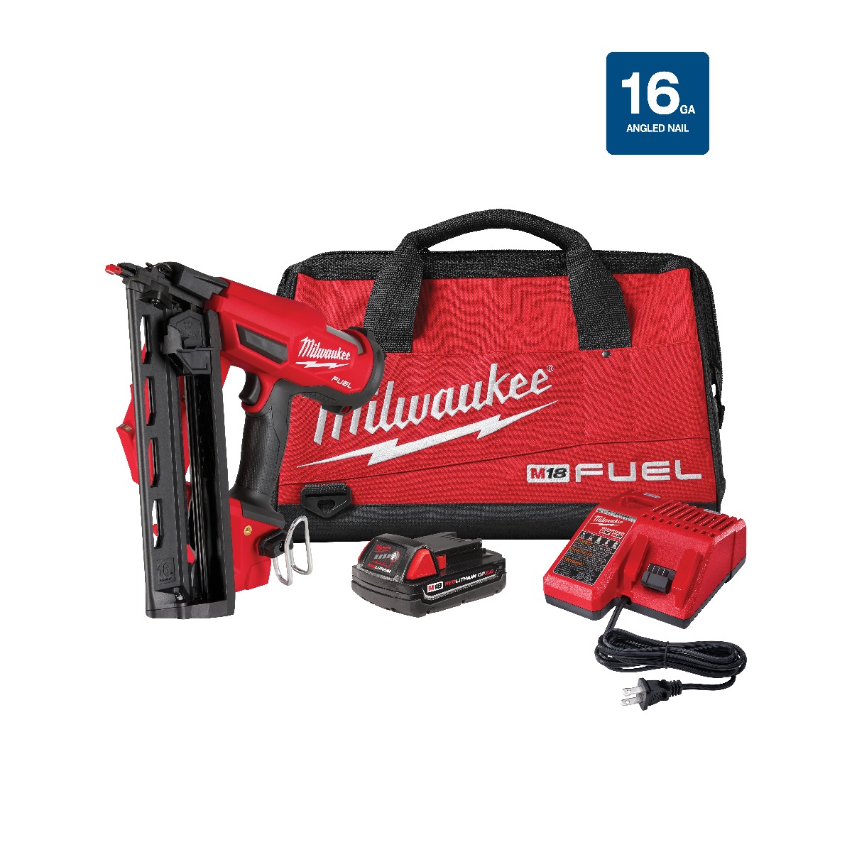 Milwaukee 2841-21CT M18 Fuel 16 Gauge Angled Finish Nailer Kit, 3/4" to 2-1/2"