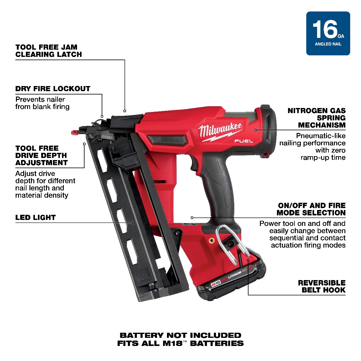Milwaukee 2841-21CT M18 Fuel 16 Gauge Angled Finish Nailer Kit, 3/4" to 2-1/2" tool guide
