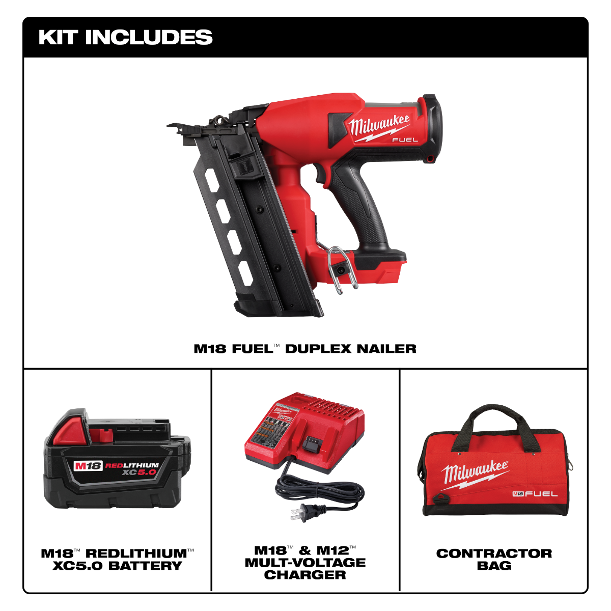 Milwaukee 2844-21 M18 Fuel Duplex Nailer Kit with battery, charger & bag