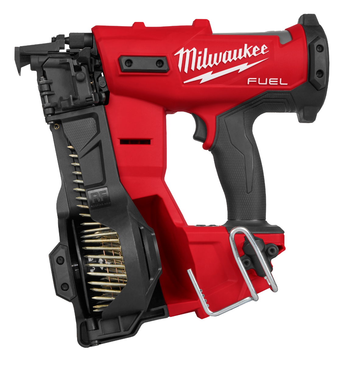 Milwaukee 2909-20 M18 Fuel Coil Roofing Nailer nails in magazine