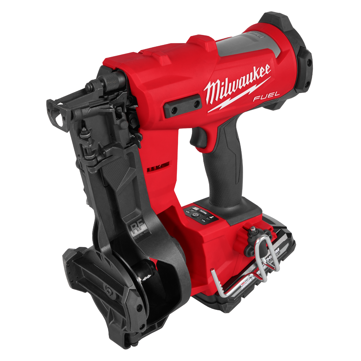 Milwaukee 2909-21 M18 Fuel Coil Roofing Nailer Kit tool with battery angled
