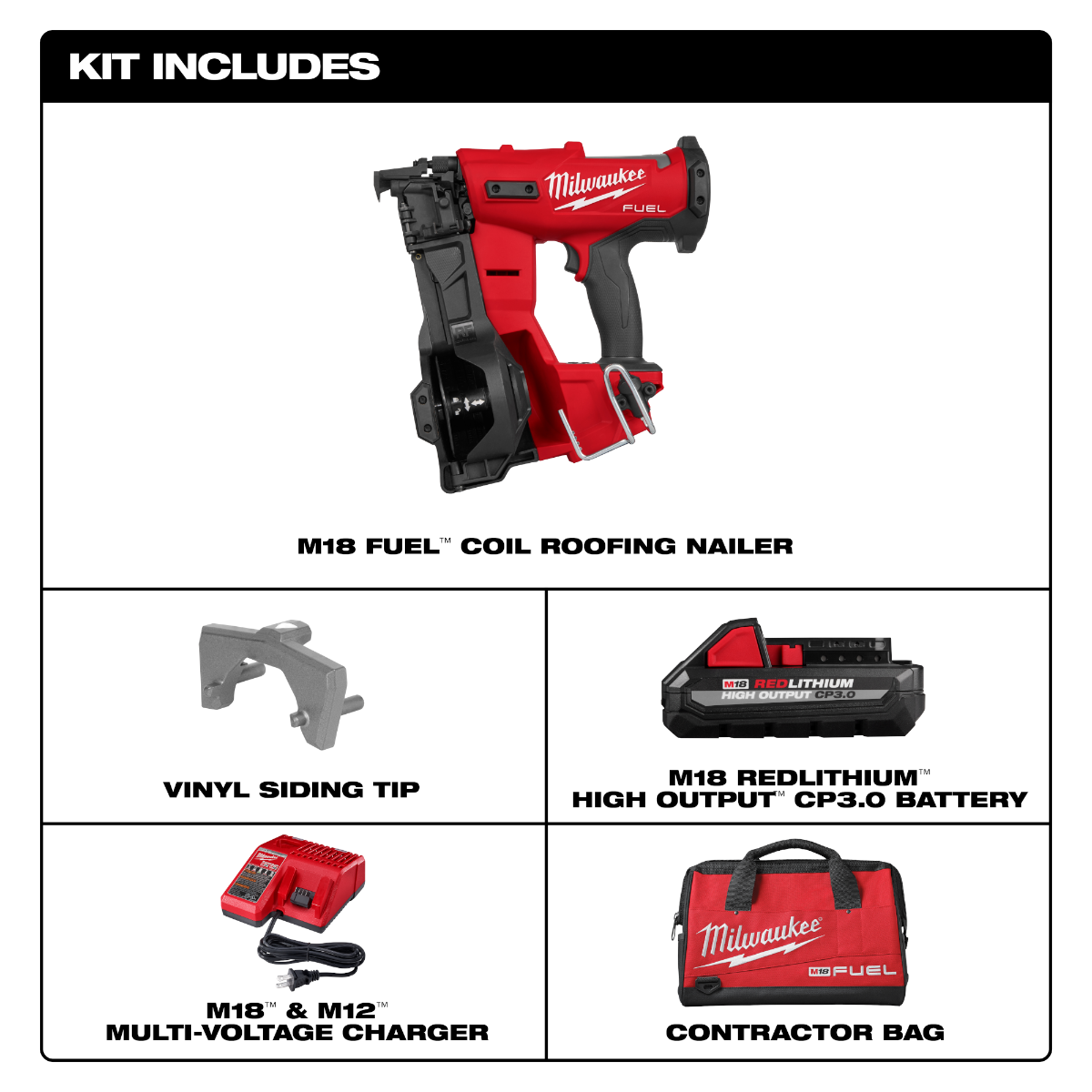 Milwaukee 2909-21 M18 Fuel Coil Roofing Nailer Kit components