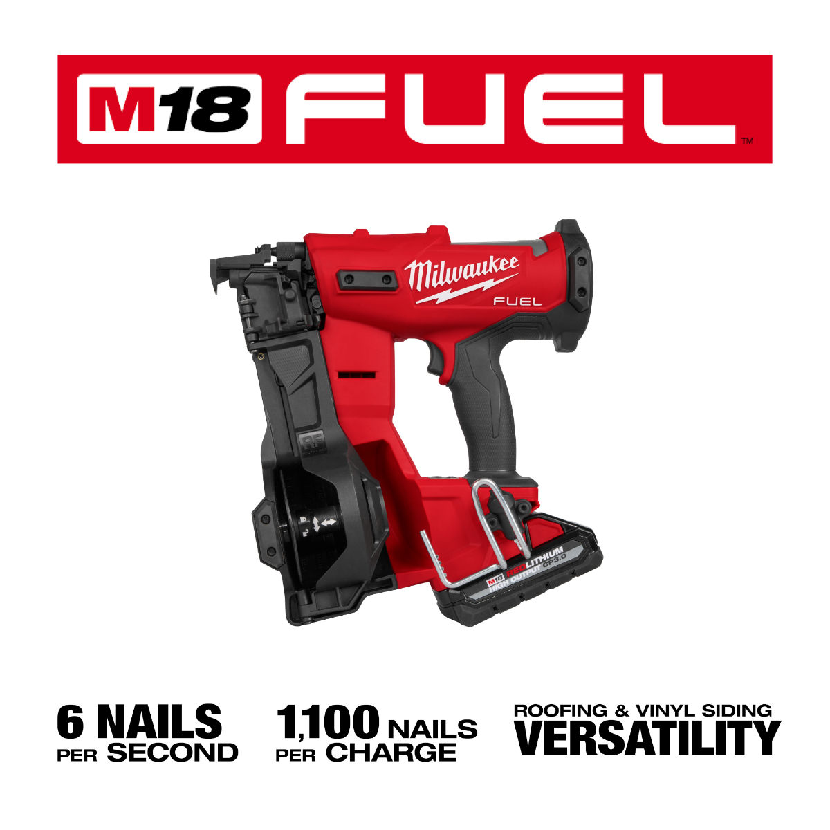Milwaukee 2909-21 M18 Fuel Coil Roofing Nailer Kit flyer with specs