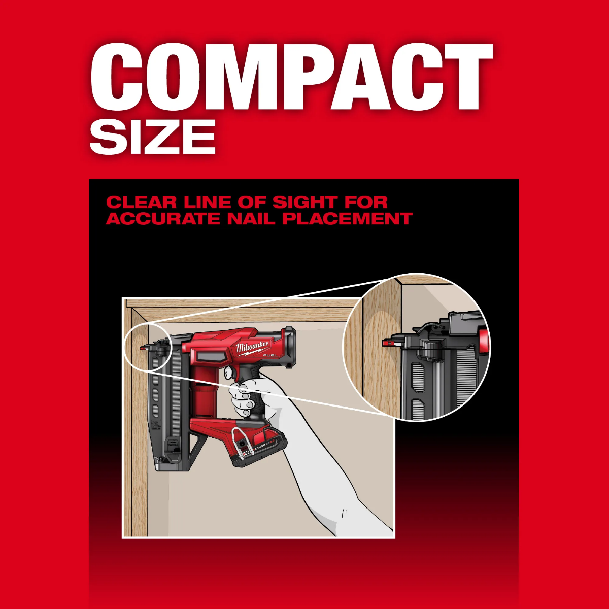 Milwaukee 3020-20 M18 Fuel 16 Gauge Straight Finish Nailer w/ Out Battery compact size clear line of sight