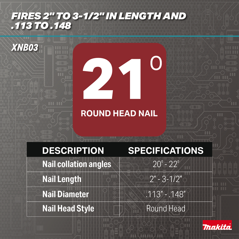Makita XNB03M1 18V LXT Brushless 21-Degree Full Round Head Framing Nailer for 2 to 3.5" nails