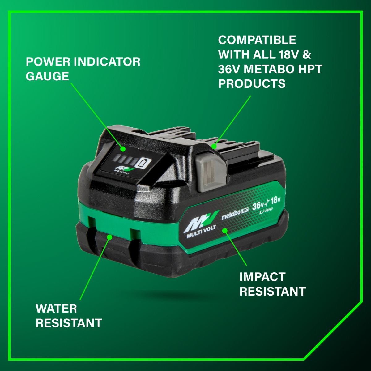 Metabo HPT BSL36A18X MultiVolt battery w/ fuel gauge indicator water & impact resistant