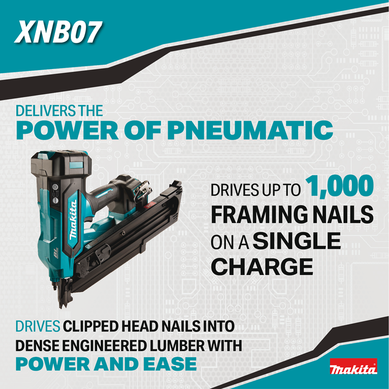 Makita XNB07M1 18V LXT Brushless 30-Degree Clipped Head Framing Nailer power of pneumatic