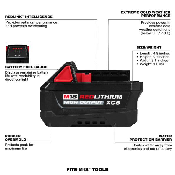 Milwaukee M18™ REDLITHIUM™ XC5 High Output Battery Pack features