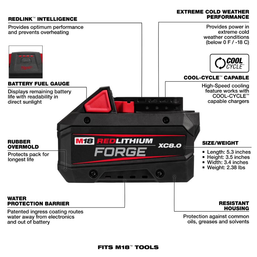 Milwaukee 48-11-1881 M18 REDLITHIUM FORGE XC8.0 Battery Pack features
