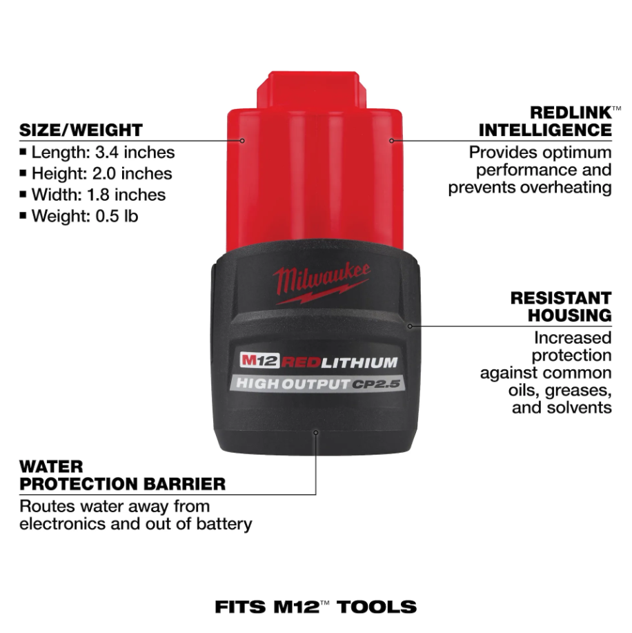 Milwaukee 48-11-2425 M12 REDLITHIUM High Output CP2.5 Battery fetaures