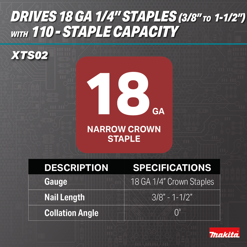 Makita XTS02Z 18V LXT Brushless 18 Gauge Narrow Crown Stapler fasteners