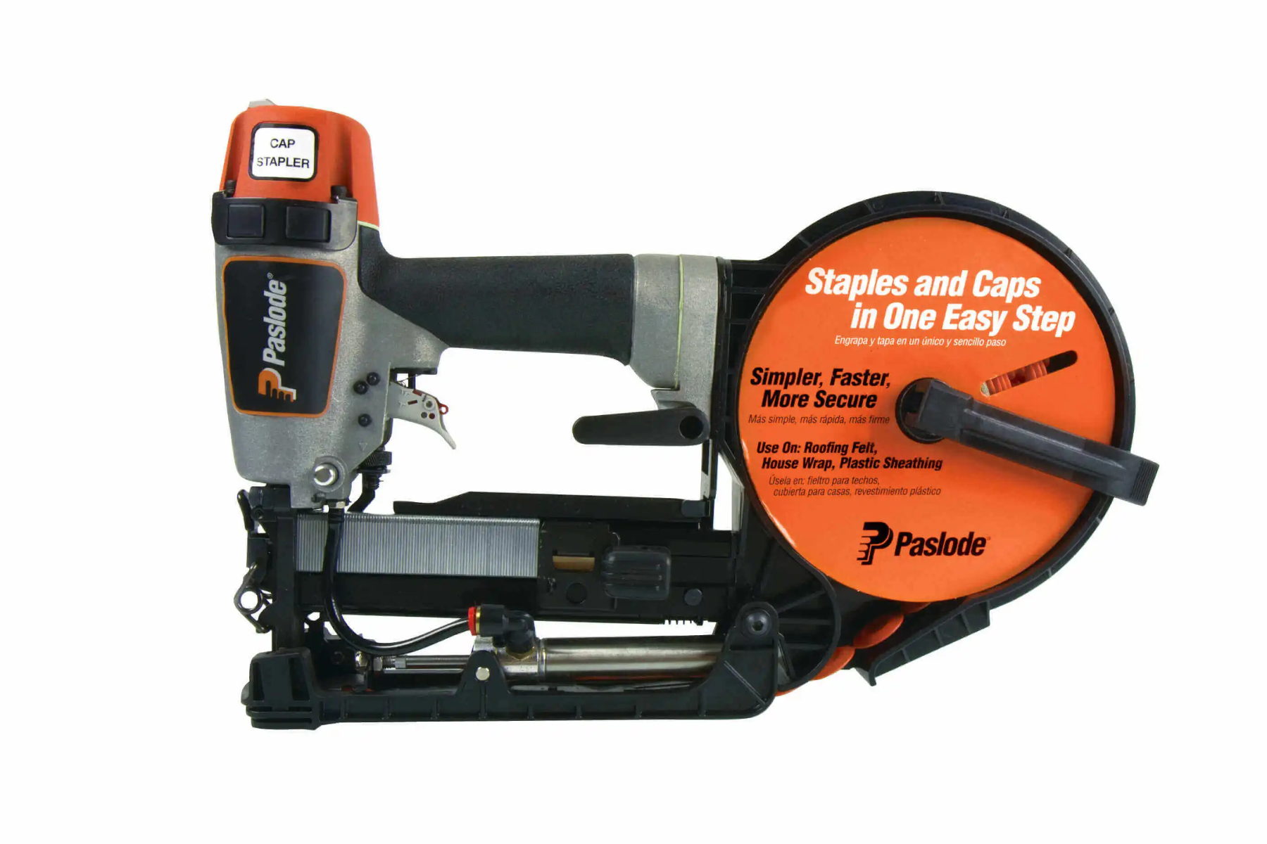 Paslode CS150 Pneumatic Cap Stapler staples and caps for roofing, house wrap plastic sheathing
