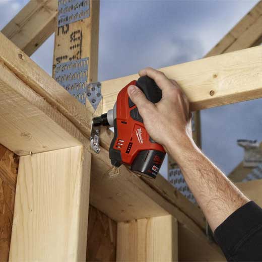 Milwaukee 2458-21 M12™ Cordless Lithium-Ion Palm Nailer Kit in use