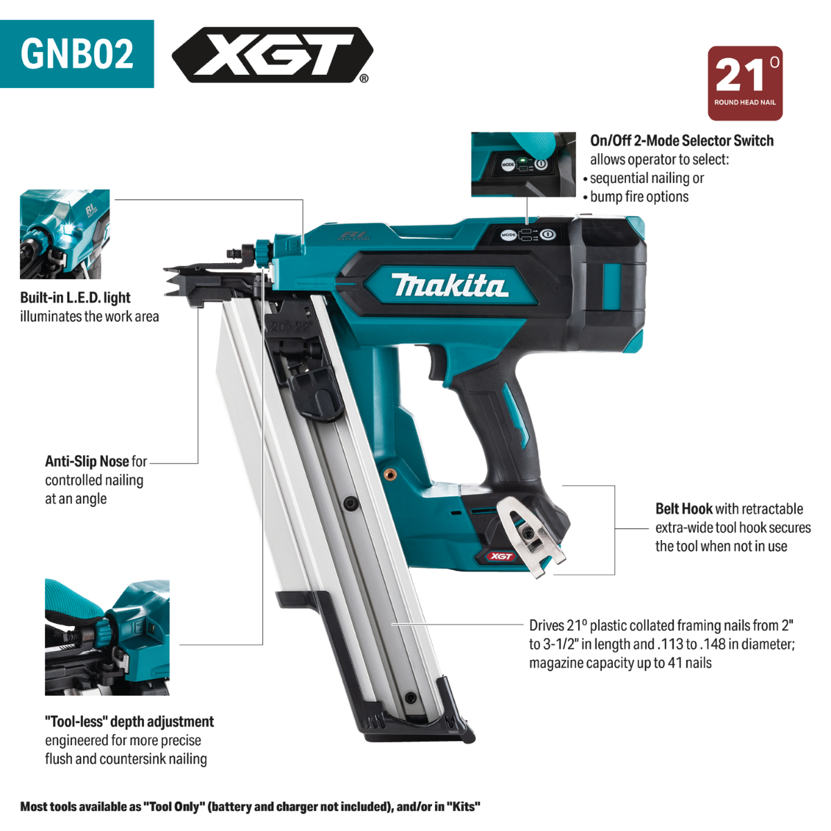 Makita GNB02Z 40V Max XGT Brushless 21-Deg… | Nail Gun Depot