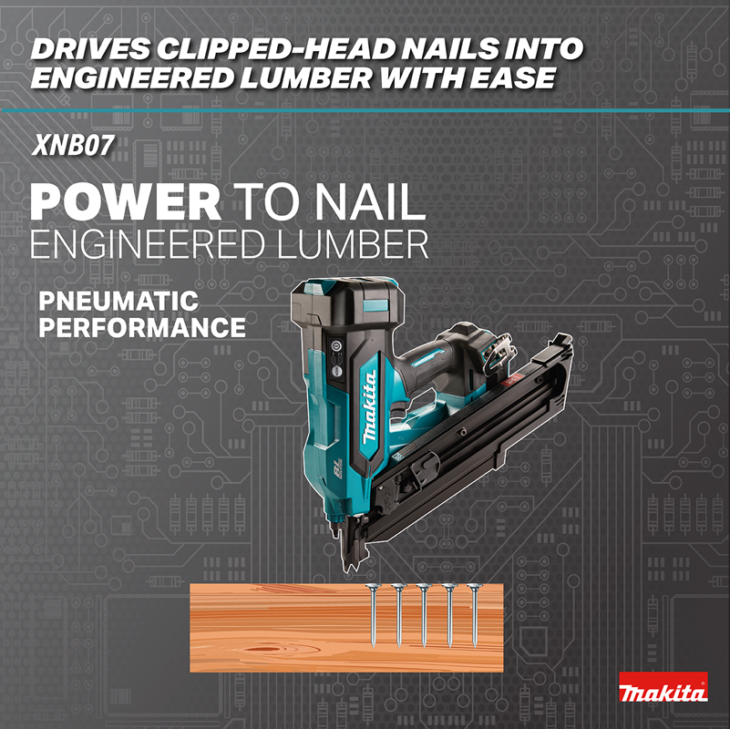 Makita XNB07M1 18V LXT Brushless 30-Degree Clipped Head Framing Nailer into lumber