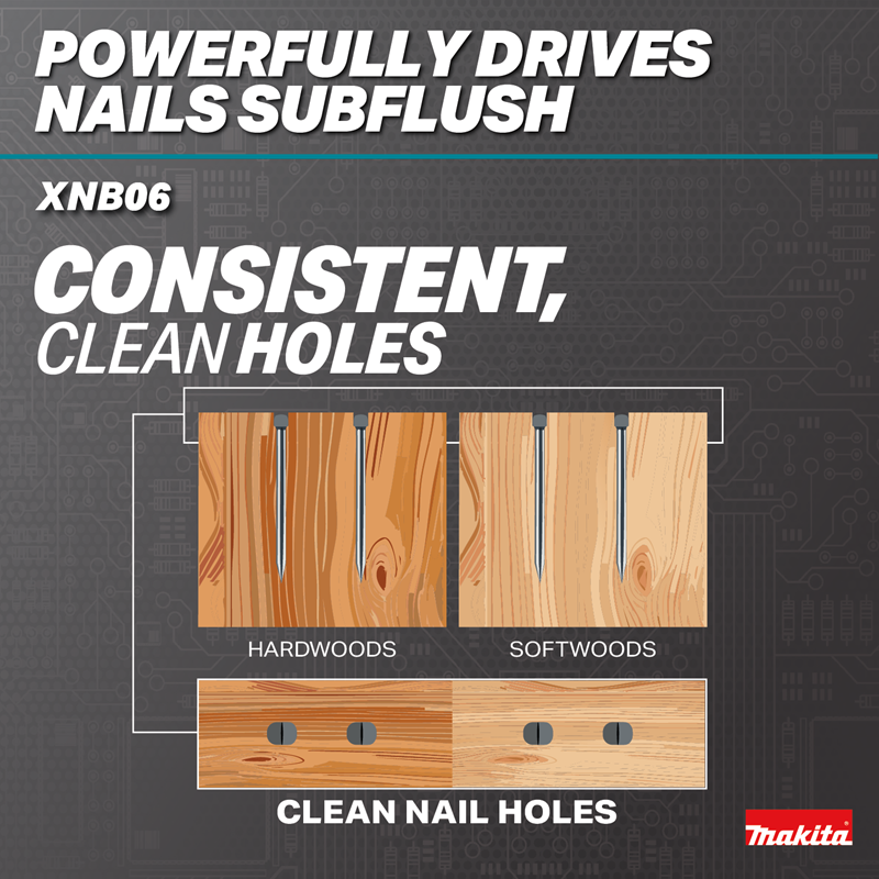 Makita XNB06Z 18V LXT Brush1less 16 Gauge Angled Finish Nailer (Bare Tool) clean holes