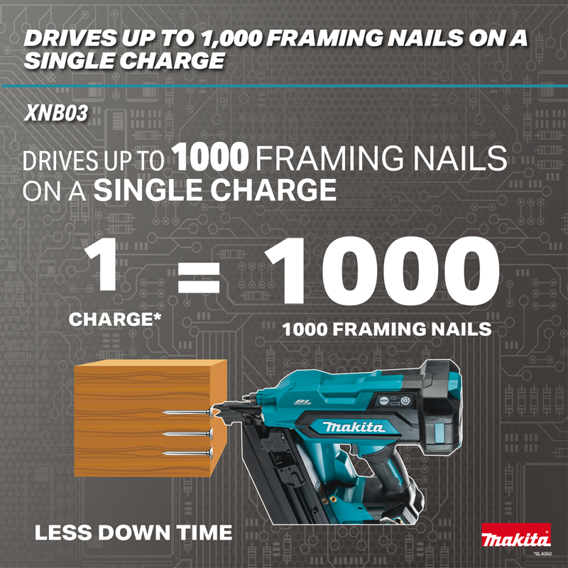 Makita XNB03M1 18V LXT Brushless 21-Degree Full Round Head Framing Nailer 1000 nails single charge