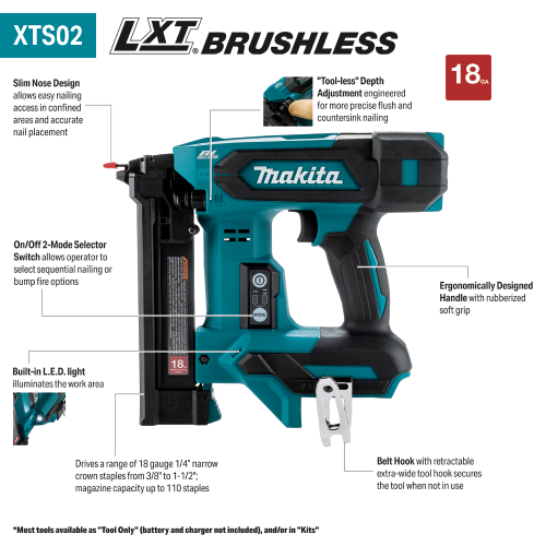 Makita XTS02Z 18V LXT Brushless 18 Gauge Narrow Crown Stapler (Bare Tool) features chart