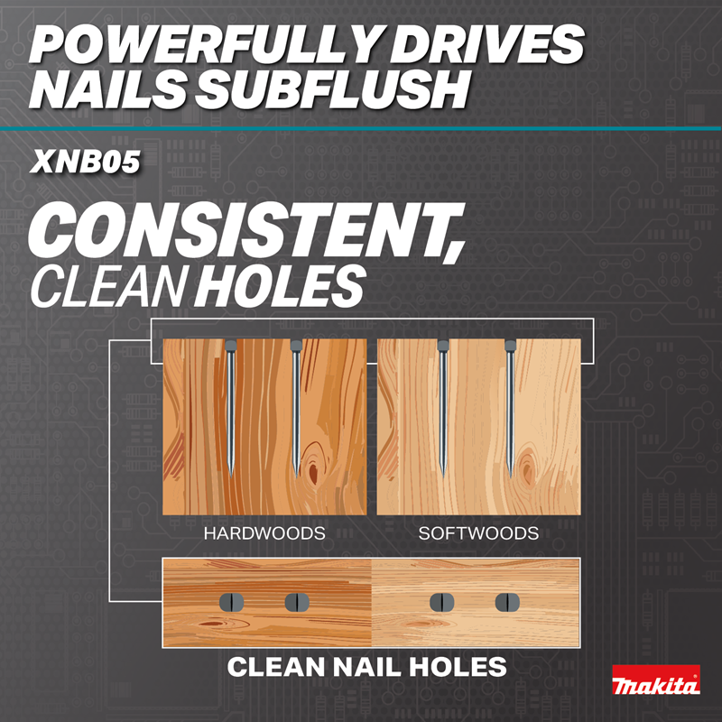 Makita XNB05Z 18V LXT Brushless 16 Gauge Straight Finish Nailer clean nail holes