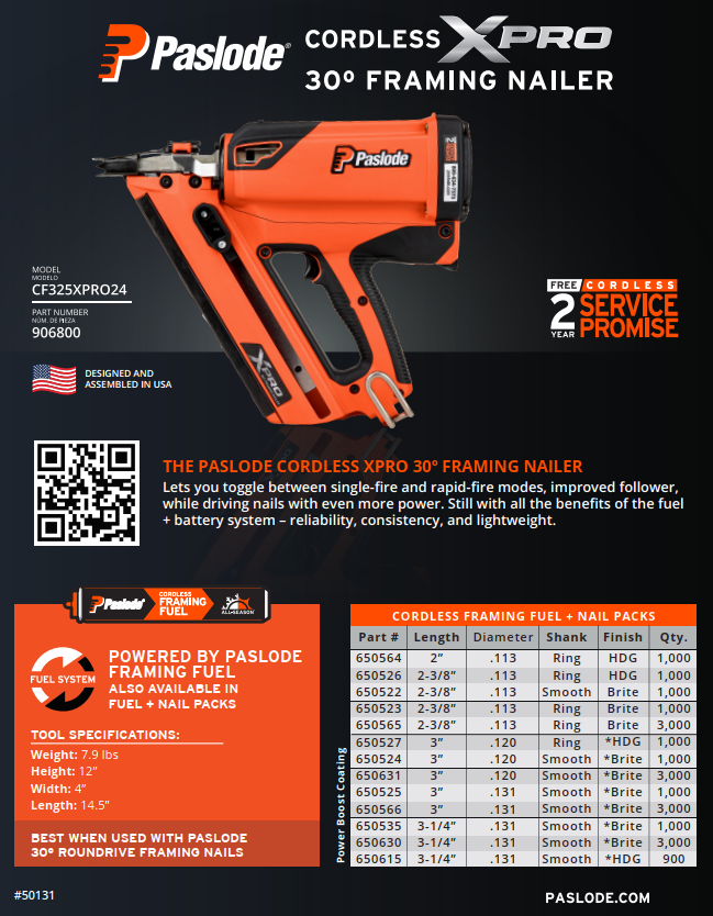 Paslode CF325XPRO24 Cordless XPro 30-Degree Framing Nailer 906800 flyer fasteners