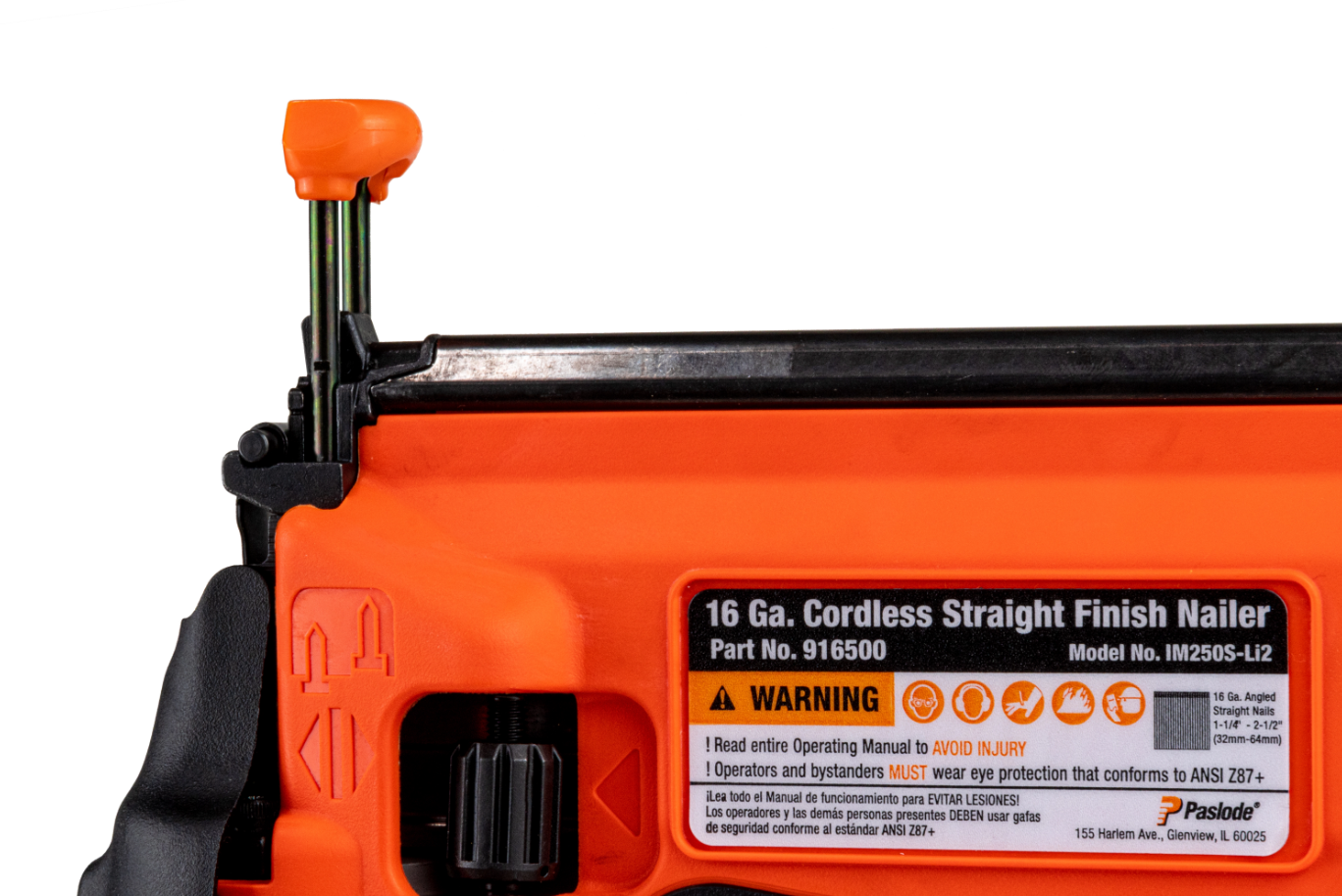 Paslode IM250S-Li2 16-Gauge Straight Cordless Finish Nailer warning label