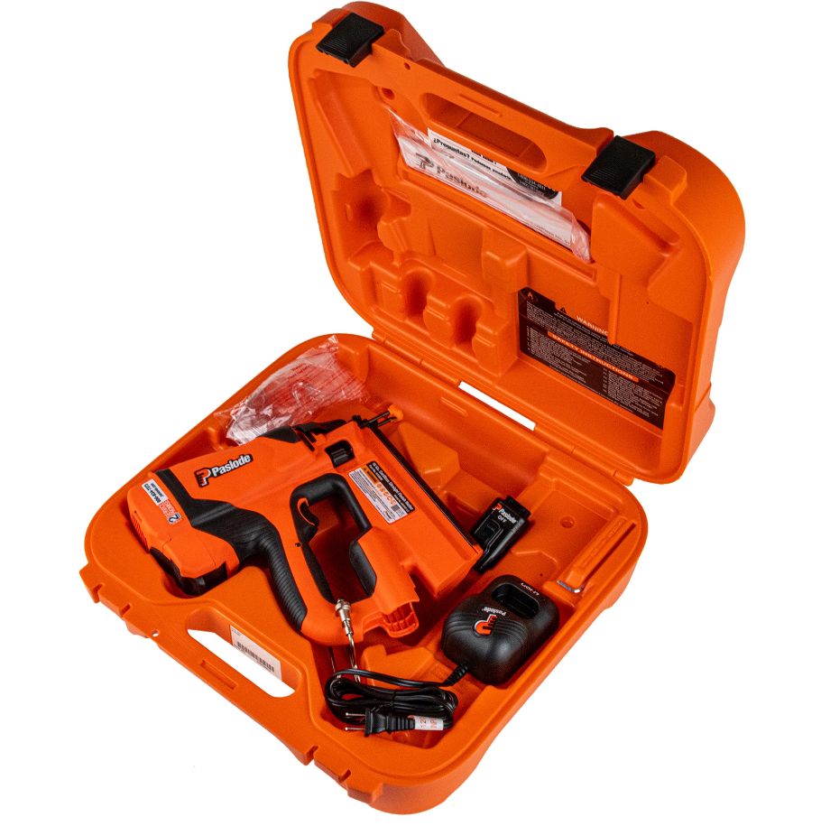 Paslode IM250S-Li2 16-Gauge Straight Cordless Finish Nailer carry case with battery and charger