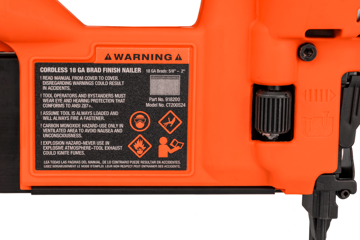 Paslode CT200S24 Cordless 18 Ga Brad Finish Nailer for 5/8 inch to 2 inch nails - label