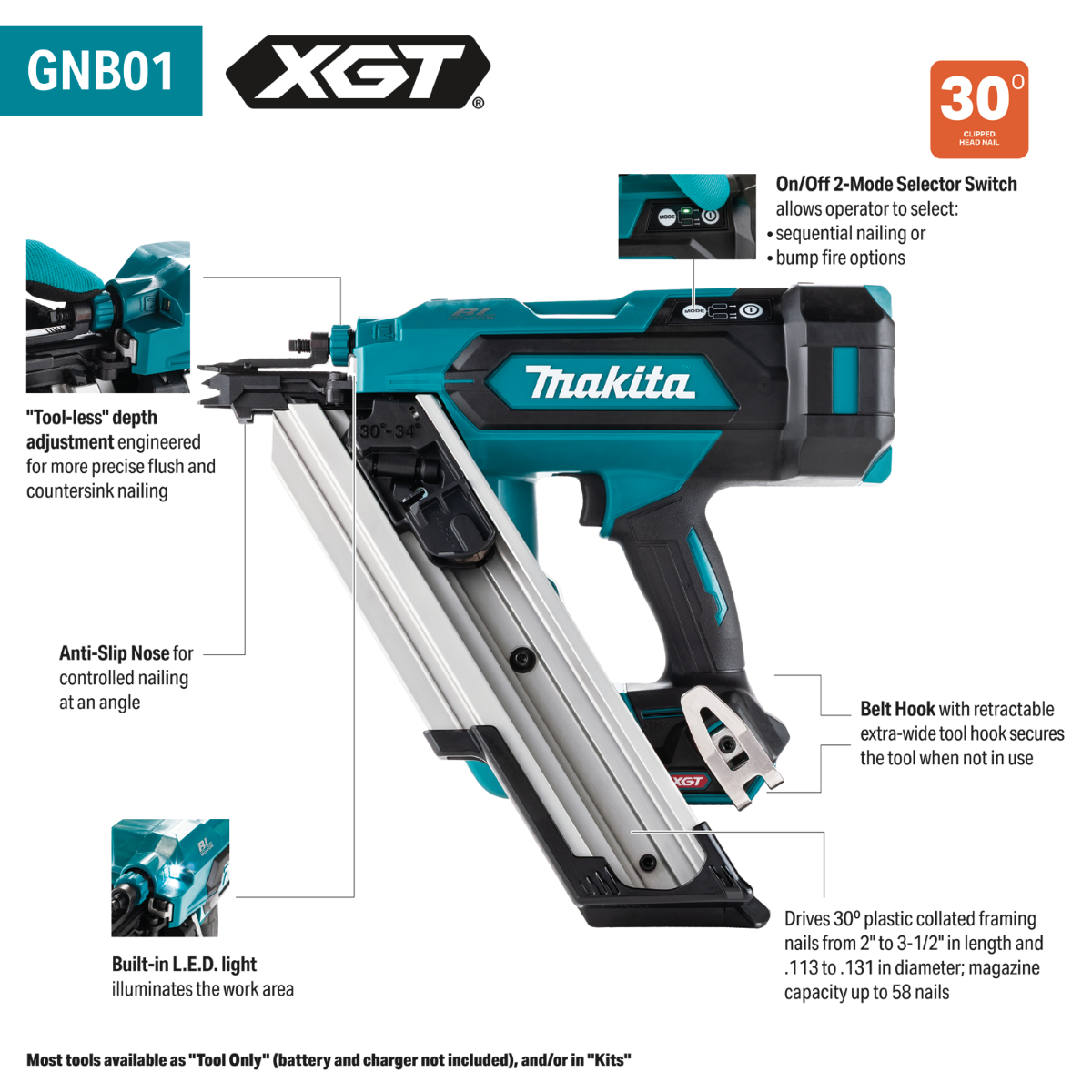 Makita GNB01Z 40V Max XGT Brushless 30-Degree Clipped Head Framing Nailer design features graphic