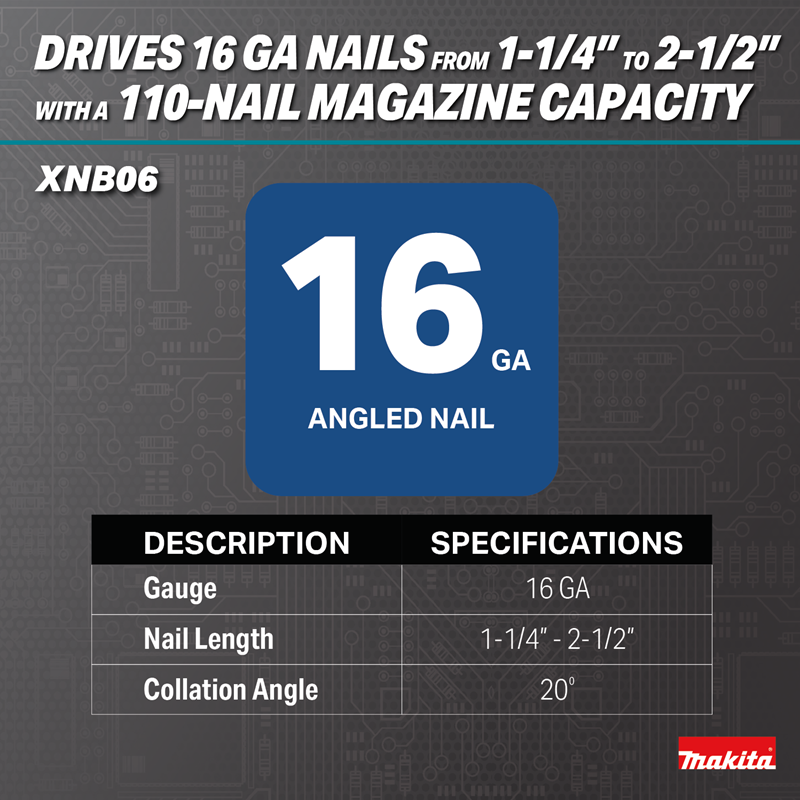 Makita XNB06Z 18V LXT Brush1less 16 Gauge Angled Finish Nailer 1.25" to 2.5" nails