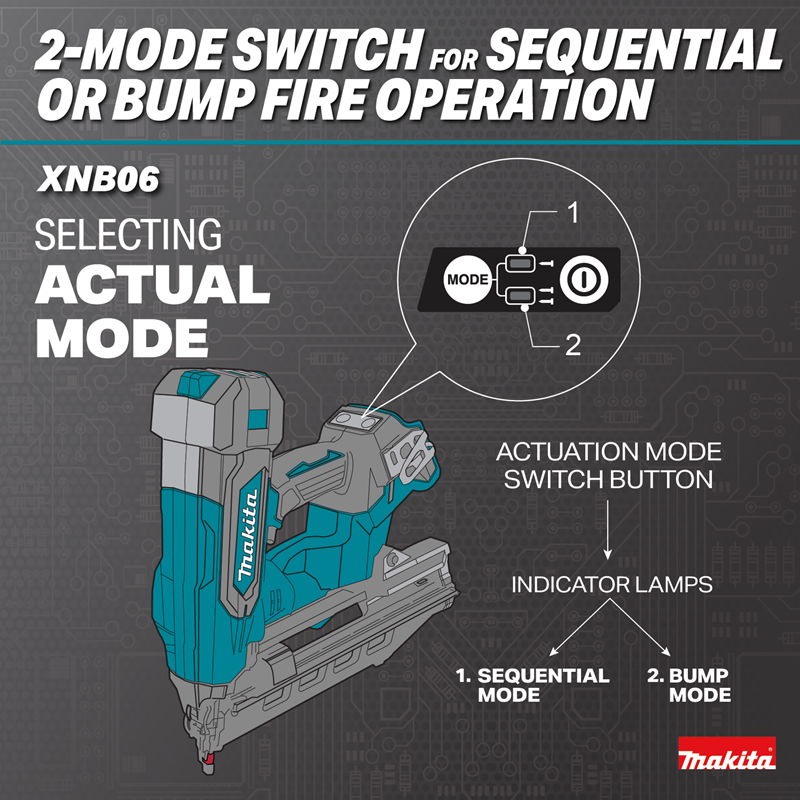 Makita XNB06Z 18V LXT Brush1less 16 Gauge Angled Finish Nailer selective actuation