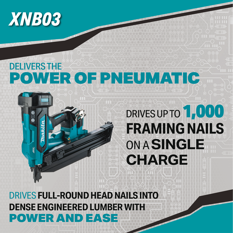Makita XNB03M1 18V LXT Brushless 21-Degree Full Round Head Framing Nailer drives 1000 nailer per charge
