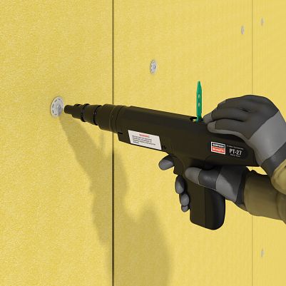 0.145” x 2-1/2” Simpson Strong-Tie PINWP-250W PINWP Powder-Actuated Plastic-Washered Pin for Insulation Board in use