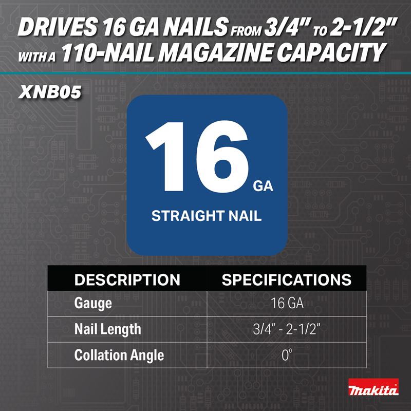 Makita XNB05Z 18V LXT Brushless 16 Gauge Straight Finish nailer for 3/4" to 2-1/2" nails