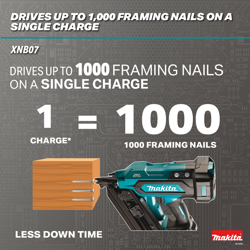 Makita XNB07M1 18V LXT Brushless 30-Degree Clipped Head Framing Nailer 1000 nails per charge