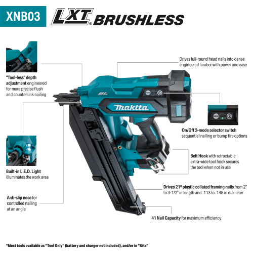 Makita XNB03M1 18V LXT Brushless 21-Degree Full Round Head Framing Nailer feature chart