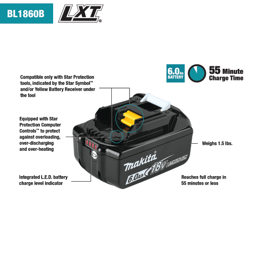 Makita BL1860B 18V LXT 6.0 Ah Li-Ion Battery features