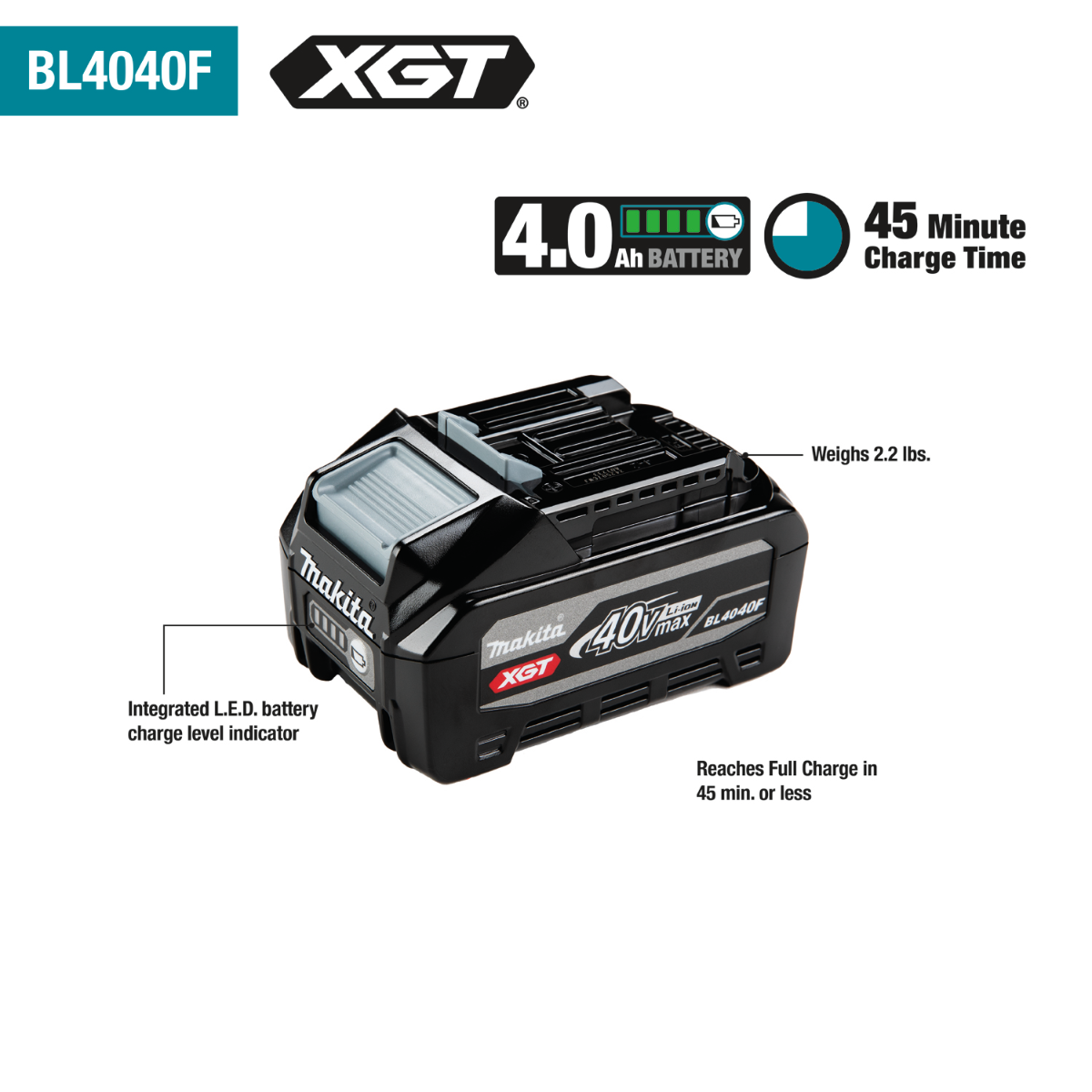 Makita BL4040F 40V MAX XGT 4.0 Ah High Power Li-Ion Battery features