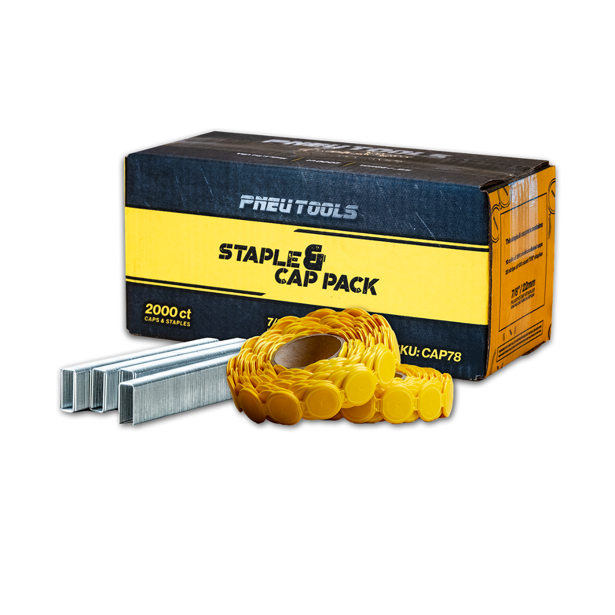 3/8" Crown x 7/8" Leg 18-Gauge Electrogalvanized Staple & Cap Pack from PneuTools
