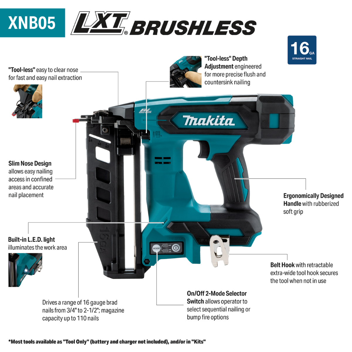 Makita XNB05Z 18V LXT Brushless 16 Gauge Straight Finish Nailer (Bare Tool), 3/4" to 2-1/2" features
