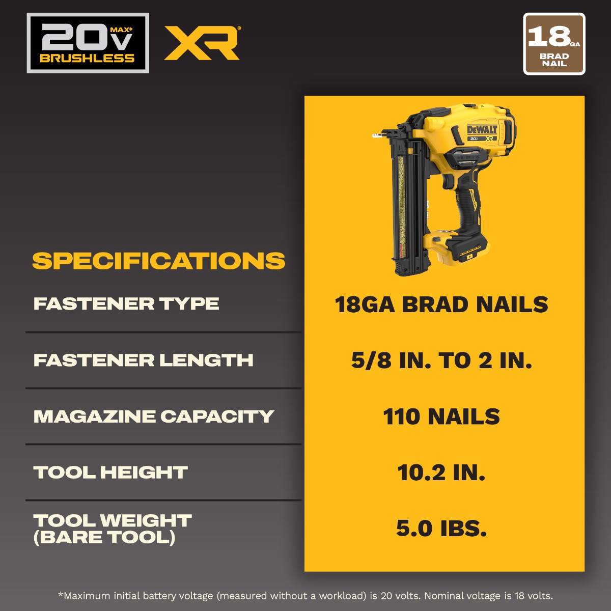 Dewalt DCN210B 20V 18 Ga. Cordless Brad Nailer specifications